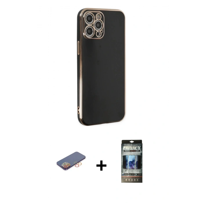 MARSİLYAN™- iPhone 12 Pro Kılıf Yankı Serisi - Siyah 34D Hayalet Izgaralı Cam + Renkli Kamera Lens Koruma Cam - TU
