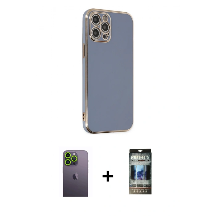 MARSİLYAN™- iPhone 12 Pro Kılıf Yankı Serisi - Siyah 34D Hayalet Izgaralı Cam + Neon Fosforlu Kamera Lens - YL
