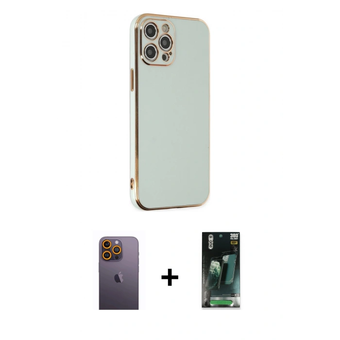 MARSİLYAN™- iPhone 12 Pro Kılıf Yankı Serisi - Siyah 360 Mat Full Body Arka Koruyucu + Neon Fosforlu Kamera Lens - SI
