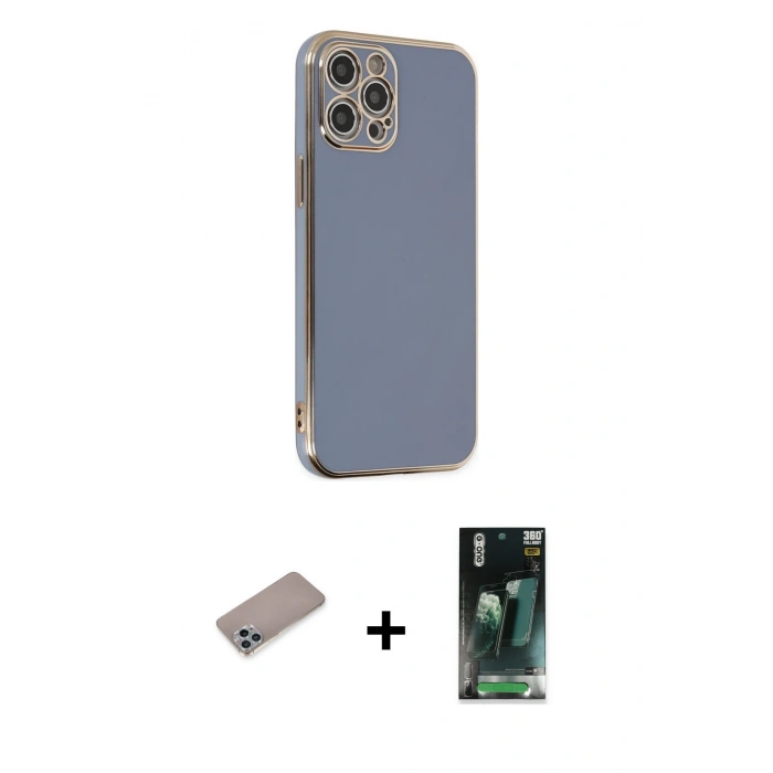 MARSİLYAN™- iPhone 12 Pro Kılıf Yankı Serisi - Siyah 360 Mat Full Body Arka Koruyucu + Shine Kamera Lens Koruma Cam - SABE