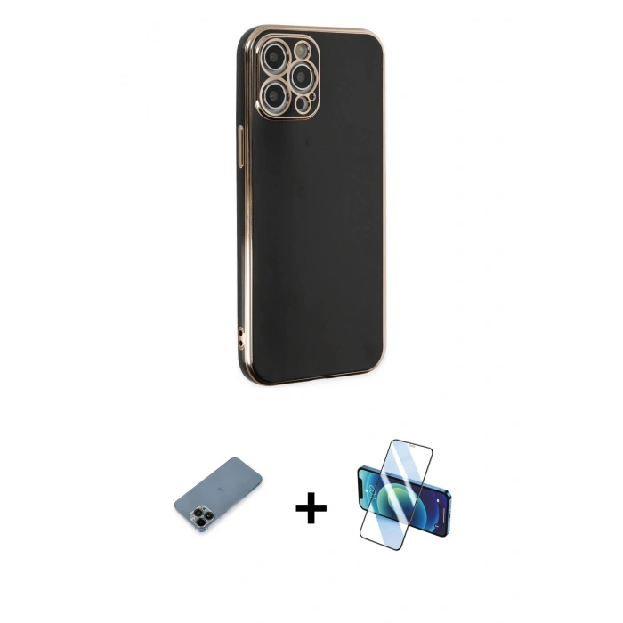 MARSİLYAN™- iPhone 12 Pro Kılıf Yankı Serisi - Siyah 3D Antistatik Cam Ekran Koruyucu + Shine Kamera Lens Koruma Cam - SH