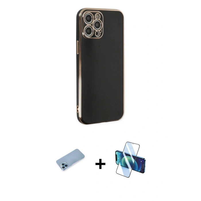MARSİLYAN™- iPhone 12 Pro Kılıf Yankı Serisi - Siyah 3D Antistatik Cam Ekran Koruyucu + Shine Kamera Lens Koruma Cam - MI