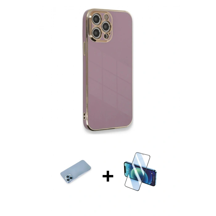 MARSİLYAN™- iPhone 12 Pro Kılıf Yankı Serisi - Siyah 3D Antistatik Cam Ekran Koruyucu + Shine Kamera Lens Koruma Cam - MI