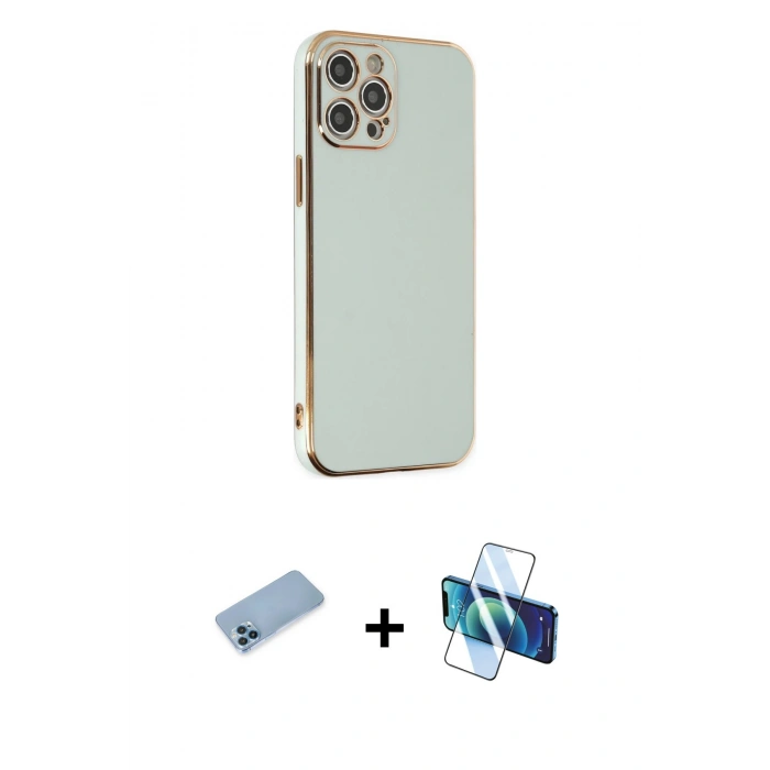 MARSİLYAN™- iPhone 12 Pro Kılıf Yankı Serisi - Siyah 3D Antistatik Cam Ekran Koruyucu + Shine Kamera Lens Koruma Cam - MI
