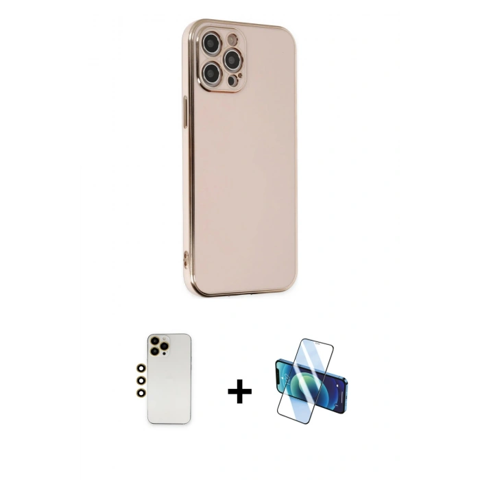 MARSİLYAN™- iPhone 12 Pro Kılıf Yankı Serisi - Siyah 3D Antistatik Cam Ekran Koruyucu + Shine Kamera Lens - GD