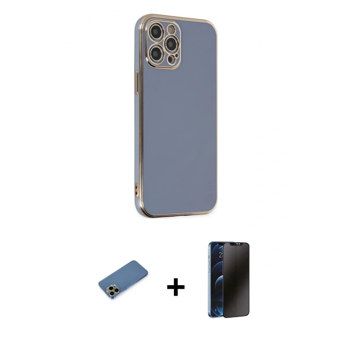 MARSİLYAN™- iPhone 12 Pro Kılıf Yankı Serisi - Siyah 3D Antistatik Hayalet Cam Ekran Koruyucu + Shine Kamera Lens Koruma Cam - GD