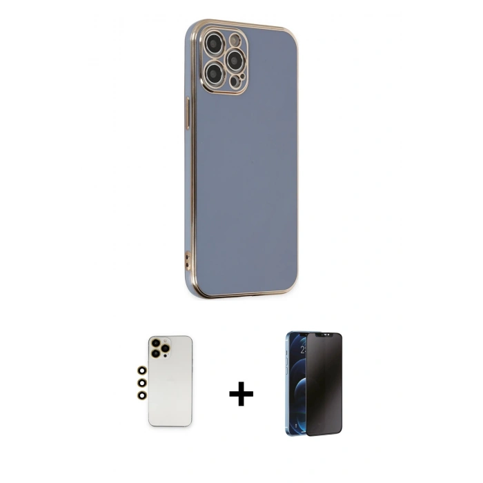 MARSİLYAN™- iPhone 12 Pro Kılıf Yankı Serisi - Siyah 3D Antistatik Hayalet Cam Ekran Koruyucu + Shine Kamera Lens - GD