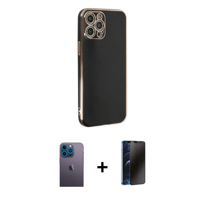 MARSİLYAN™- iPhone 12 Pro Kılıf Yankı Serisi - Siyah 3D Antistatik Hayalet Cam Ekran Koruyucu + Neon Fosforlu Kamera Lens - MI