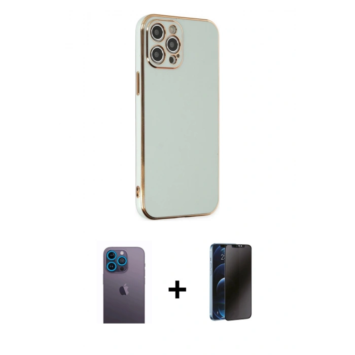 MARSİLYAN™- iPhone 12 Pro Kılıf Yankı Serisi - Siyah 3D Antistatik Hayalet Cam Ekran Koruyucu + Neon Fosforlu Kamera Lens - MI