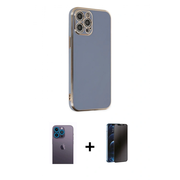 MARSİLYAN™- iPhone 12 Pro Kılıf Yankı Serisi - Siyah 3D Antistatik Hayalet Cam Ekran Koruyucu + Neon Fosforlu Kamera Lens - MI