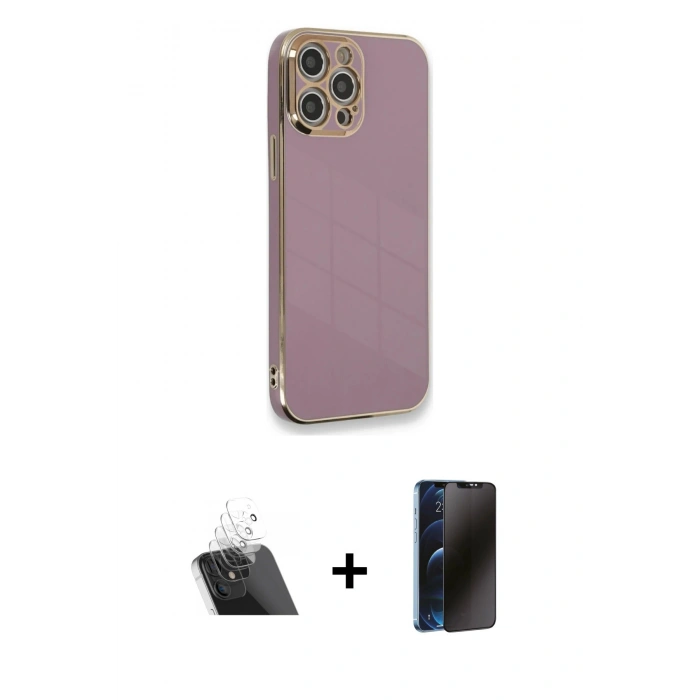 MARSİLYAN™- iPhone 12 Pro Kılıf Yankı Serisi - Siyah 3D Antistatik Hayalet Cam Ekran Koruyucu + Kamera Lens Koruma Cam - SF