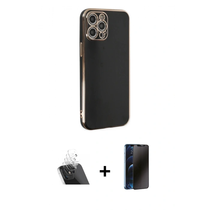MARSİLYAN™- iPhone 12 Pro Kılıf Yankı Serisi - Siyah 3D Antistatik Hayalet Cam Ekran Koruyucu + Kamera Lens Koruma Cam - SF
