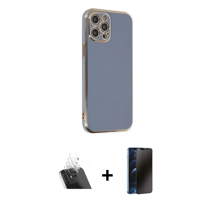 MARSİLYAN™- iPhone 12 Pro Kılıf Yankı Serisi - Siyah 3D Antistatik Hayalet Cam Ekran Koruyucu + Kamera Lens Koruma Cam - SF