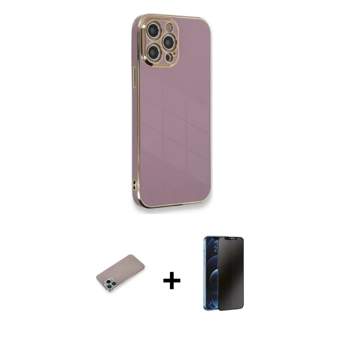 MARSİLYAN™- iPhone 12 Pro Kılıf Yankı Serisi - Siyah 3D Antistatik Hayalet Cam Ekran Koruyucu + Shine Kamera Lens Koruma Cam - SABE