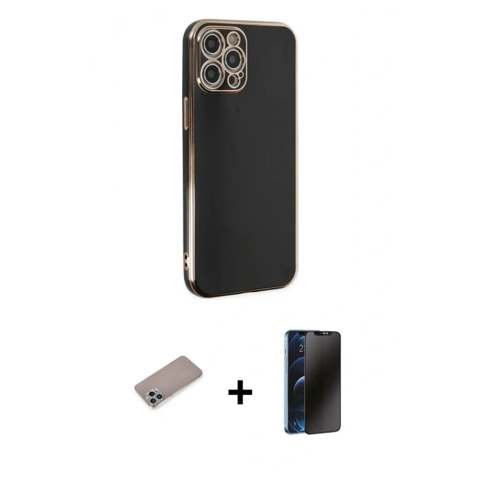 MARSİLYAN™- iPhone 12 Pro Kılıf Yankı Serisi - Siyah 3D Antistatik Hayalet Cam Ekran Koruyucu + Shine Kamera Lens Koruma Cam - SABE