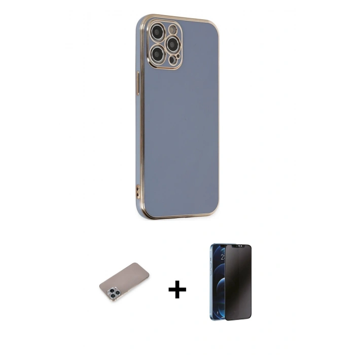 MARSİLYAN™- iPhone 12 Pro Kılıf Yankı Serisi - Siyah 3D Antistatik Hayalet Cam Ekran Koruyucu + Shine Kamera Lens Koruma Cam - SABE