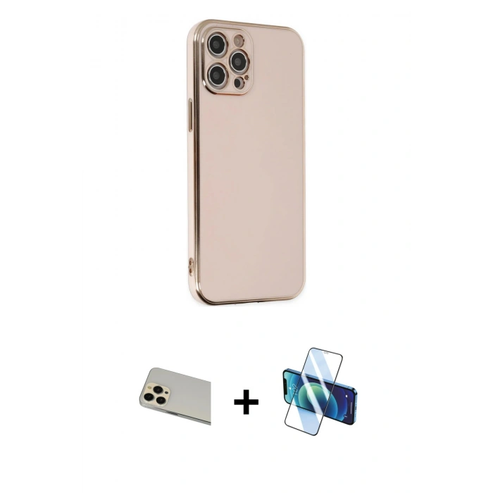 MARSİLYAN™- iPhone 12 Pro Kılıf Yankı Serisi - Siyah 3D Antistatik Seramik Nano Ekran Koruyucu + Rainbow Kamera Lens Koruma Cam - GD