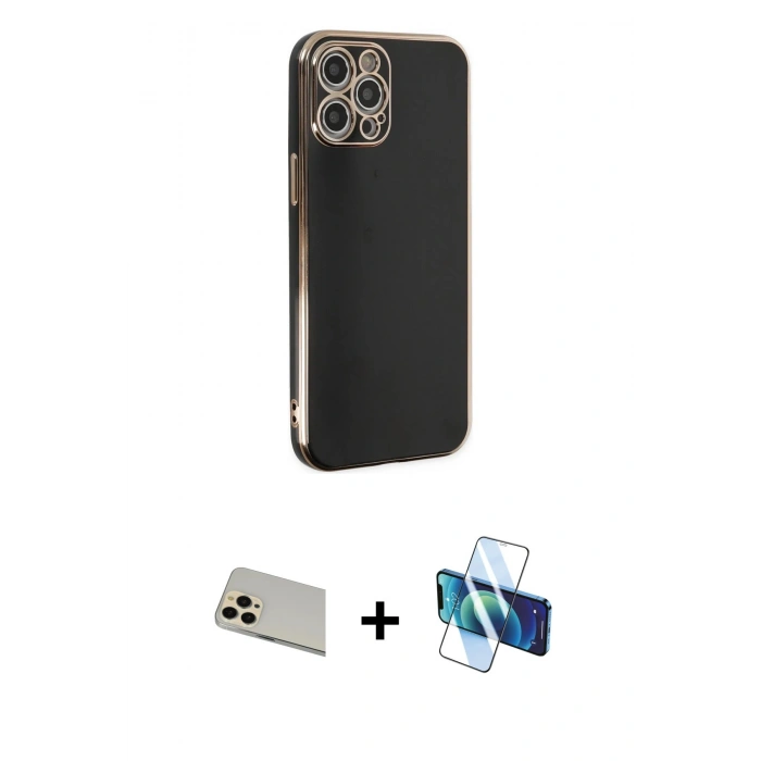 MARSİLYAN™- iPhone 12 Pro Kılıf Yankı Serisi - Siyah 3D Antistatik Seramik Nano Ekran Koruyucu + Rainbow Kamera Lens Koruma Cam - GD