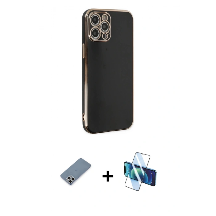 MARSİLYAN™- iPhone 12 Pro Kılıf Yankı Serisi - Siyah 3D Antistatik Seramik Nano Ekran Koruyucu + Metal Kamera Lens Koruma Cam - GS