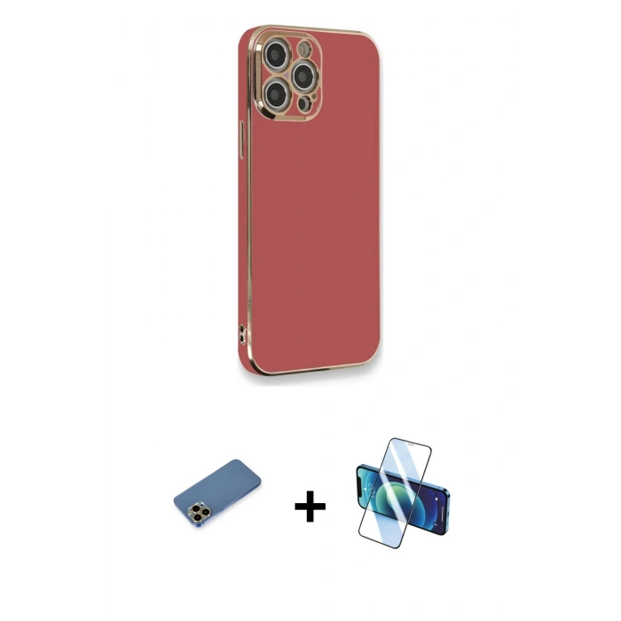 MARSİLYAN™- iPhone 12 Pro Kılıf Yankı Serisi - Siyah 3D Antistatik Seramik Nano Ekran Koruyucu + Shine Kamera Lens Koruma Cam - GD