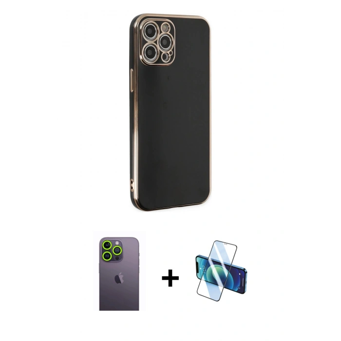 MARSİLYAN™- iPhone 12 Pro Kılıf Yankı Serisi - Siyah 3D Antistatik Seramik Nano Ekran Koruyucu + Neon Fosforlu Kamera Lens - YL