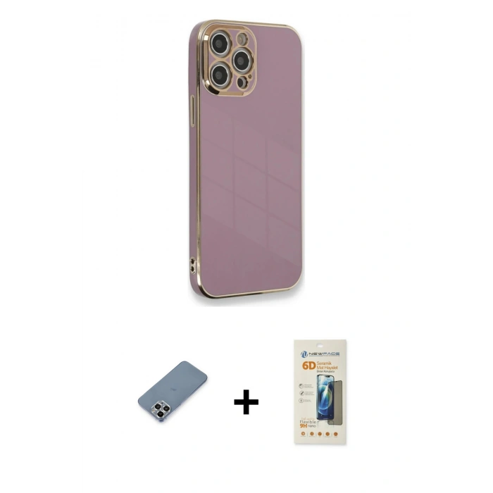 MARSİLYAN™- iPhone 12 Pro Kılıf Yankı Serisi - Siyah 6D Mat Seramik Hayalet Nano Ekran Koruyucu + Metal Kamera Lens Koruma Cam - GS