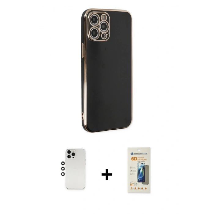 MARSİLYAN™- iPhone 12 Pro Kılıf Yankı Serisi - Siyah 6D Mat Seramik Hayalet Nano Ekran Koruyucu + Shine Kamera Lens - GS