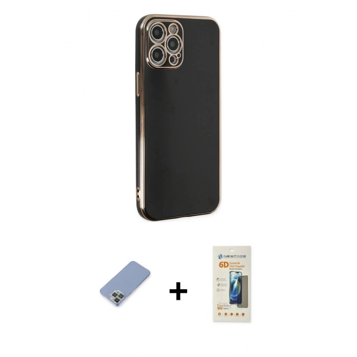 MARSİLYAN™- iPhone 12 Pro Kılıf Yankı Serisi - Siyah 6D Mat Seramik Hayalet Nano Ekran Koruyucu + Metal Kamera Lens Koruma Cam - KUYL