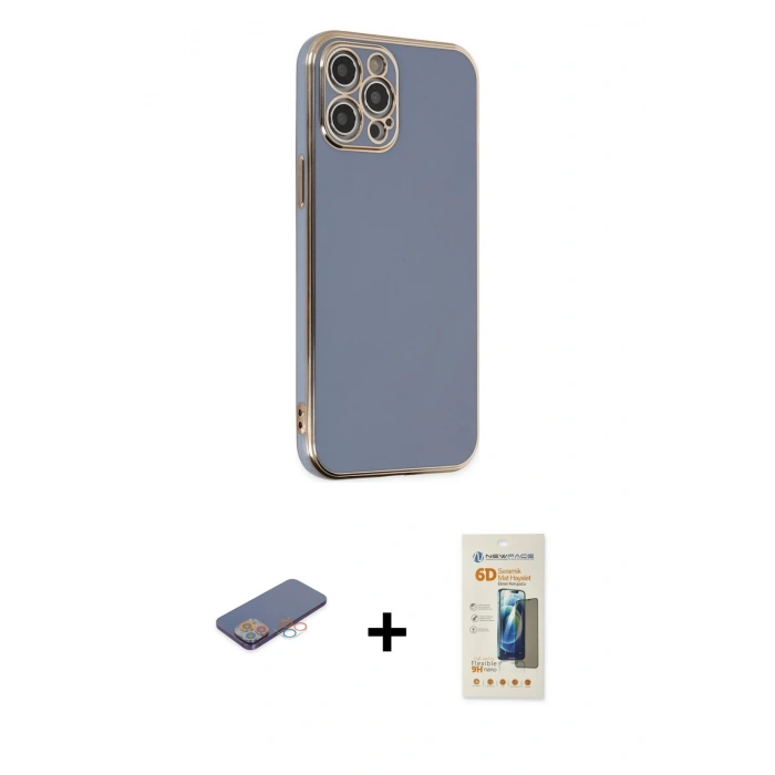 MARSİLYAN™- iPhone 12 Pro Kılıf Yankı Serisi - Siyah 6D Mat Seramik Hayalet Nano Ekran Koruyucu + Renkli Kamera Lens Koruma Cam - PE