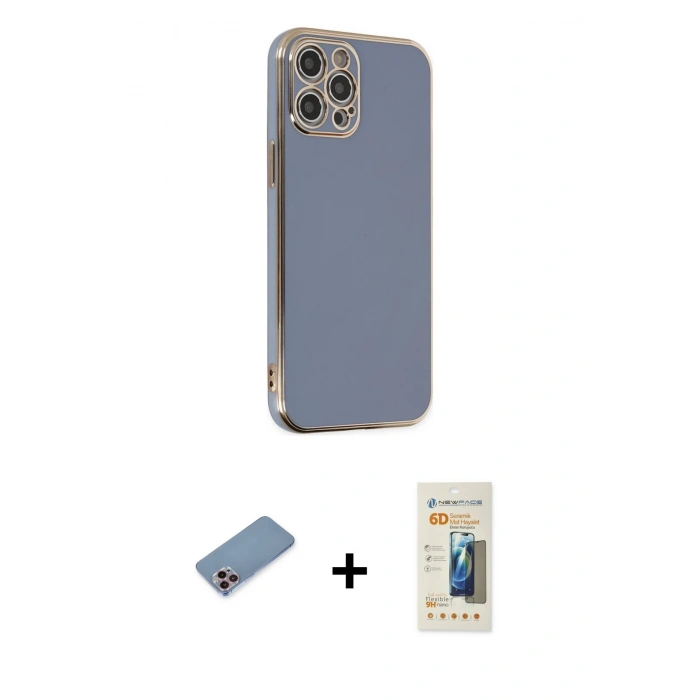 MARSİLYAN™- iPhone 12 Pro Kılıf Yankı Serisi - Siyah 6D Mat Seramik Hayalet Nano Ekran Koruyucu + Shine Kamera Lens Koruma Cam - PE