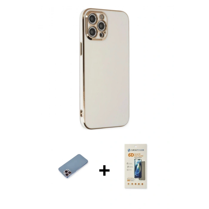 MARSİLYAN™- iPhone 12 Pro Kılıf Yankı Serisi - Siyah 6D Mat Seramik Hayalet Nano Ekran Koruyucu + Shine Kamera Lens Koruma Cam - PE