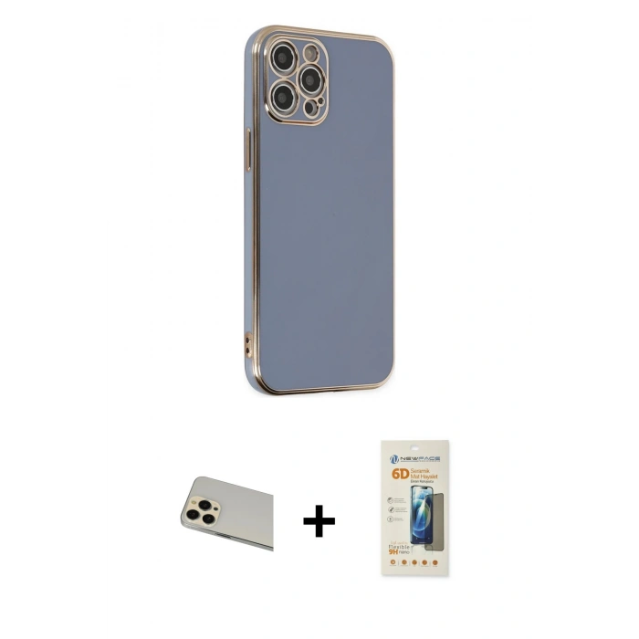 MARSİLYAN™- iPhone 12 Pro Kılıf Yankı Serisi - Siyah 6D Mat Seramik Hayalet Nano Ekran Koruyucu + Rainbow Kamera Lens Koruma Cam - GD