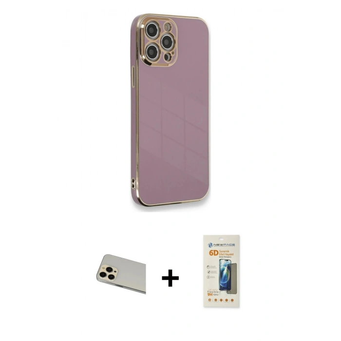 MARSİLYAN™- iPhone 12 Pro Kılıf Yankı Serisi - Siyah 6D Mat Seramik Hayalet Nano Ekran Koruyucu + Rainbow Kamera Lens Koruma Cam - GD