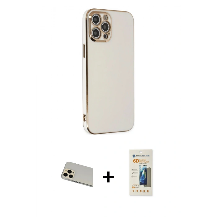 MARSİLYAN™- iPhone 12 Pro Kılıf Yankı Serisi - Siyah 6D Mat Seramik Hayalet Nano Ekran Koruyucu + Rainbow Kamera Lens Koruma Cam - GD
