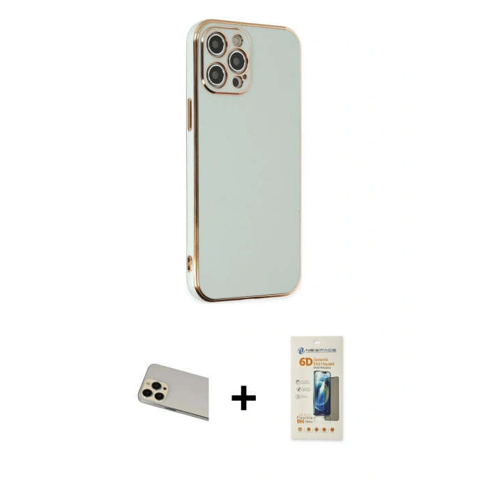 MARSİLYAN™- iPhone 12 Pro Kılıf Yankı Serisi - Siyah 6D Mat Seramik Hayalet Nano Ekran Koruyucu + Rainbow Kamera Lens Koruma Cam - GD