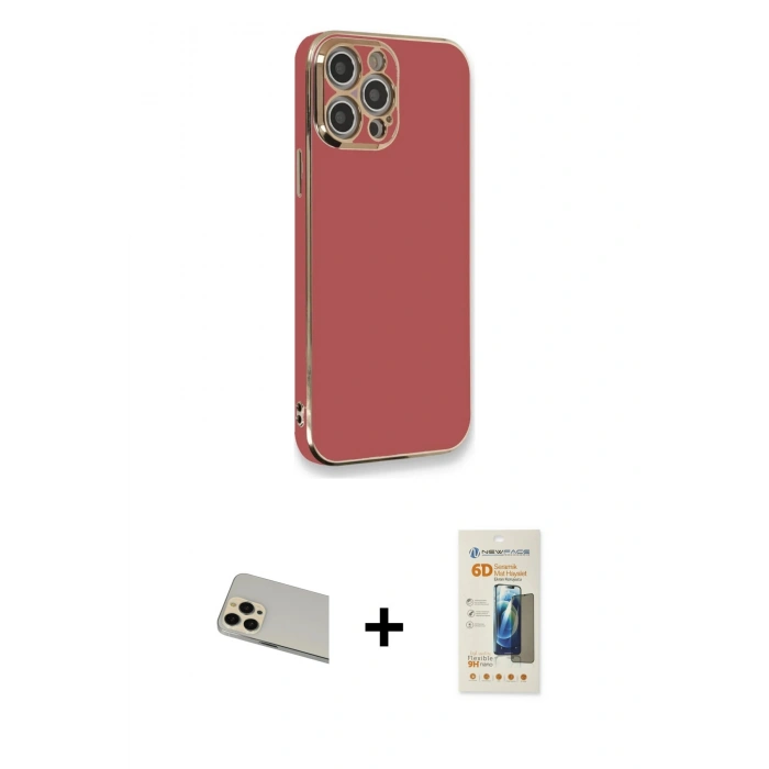 MARSİLYAN™- iPhone 12 Pro Kılıf Yankı Serisi - Siyah 6D Mat Seramik Hayalet Nano Ekran Koruyucu + Rainbow Kamera Lens Koruma Cam - GD