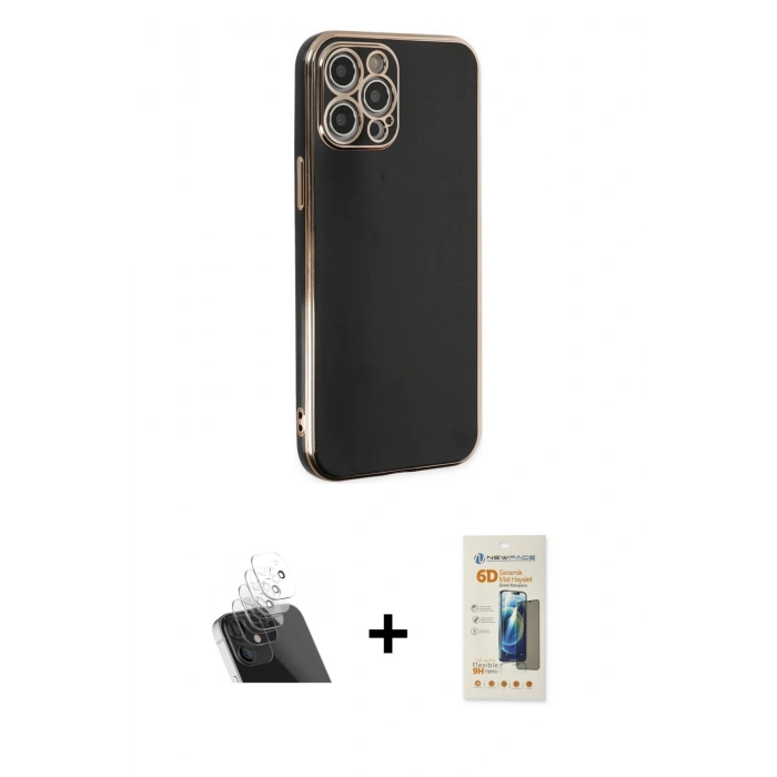 MARSİLYAN™- iPhone 12 Pro Kılıf Yankı Serisi - Siyah 6D Mat Seramik Hayalet Nano Ekran Koruyucu + Kamera Lens Koruma Cam - SF