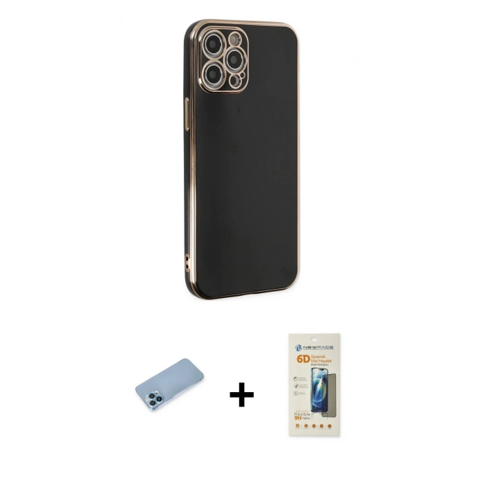 MARSİLYAN™- iPhone 12 Pro Kılıf Yankı Serisi - Siyah 6D Mat Seramik Hayalet Nano Ekran Koruyucu + Shine Kamera Lens Koruma Cam - MI