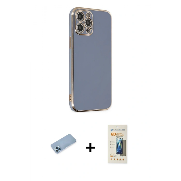 MARSİLYAN™- iPhone 12 Pro Kılıf Yankı Serisi - Siyah 6D Mat Seramik Hayalet Nano Ekran Koruyucu + Shine Kamera Lens Koruma Cam - MI
