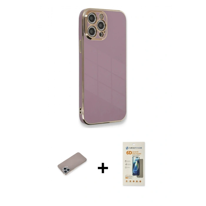 MARSİLYAN™- iPhone 12 Pro Kılıf Yankı Serisi - Siyah 6D Mat Seramik Hayalet Nano Ekran Koruyucu + Shine Kamera Lens Koruma Cam - SABE