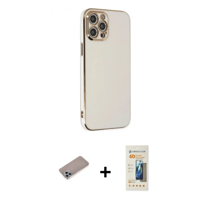 MARSİLYAN™- iPhone 12 Pro Kılıf Yankı Serisi - Siyah 6D Mat Seramik Hayalet Nano Ekran Koruyucu + Shine Kamera Lens Koruma Cam - SABE
