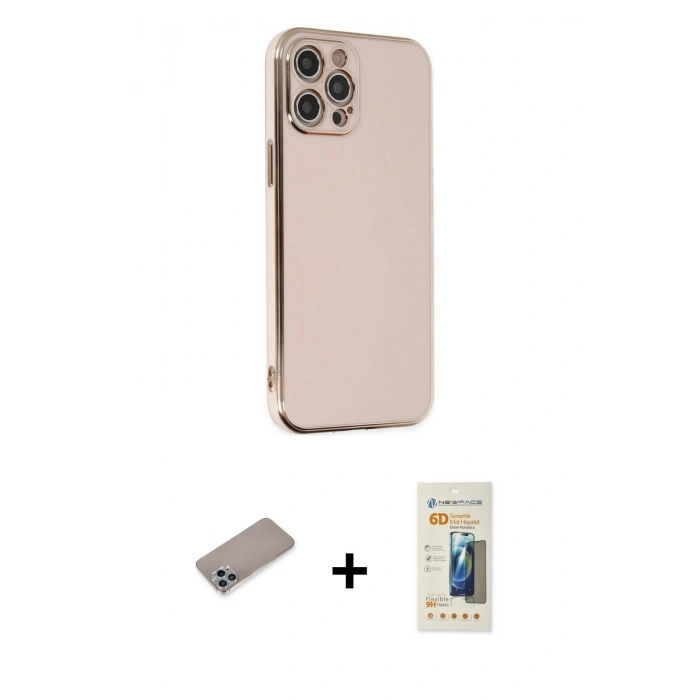 MARSİLYAN™- iPhone 12 Pro Kılıf Yankı Serisi - Siyah 6D Mat Seramik Hayalet Nano Ekran Koruyucu + Shine Kamera Lens Koruma Cam - SABE