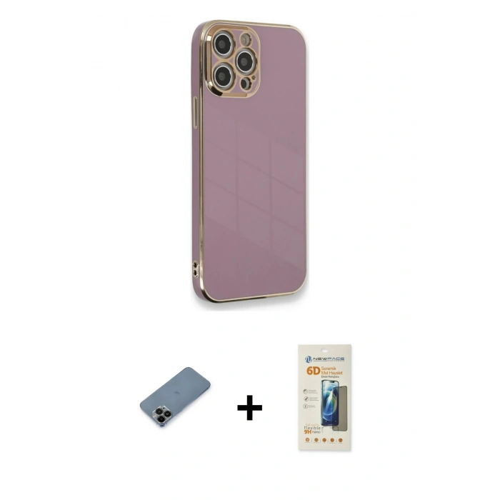 MARSİLYAN™- iPhone 12 Pro Kılıf Yankı Serisi - Siyah 6D Mat Seramik Hayalet Nano Ekran Koruyucu + Shine Kamera Lens Koruma Cam - SH