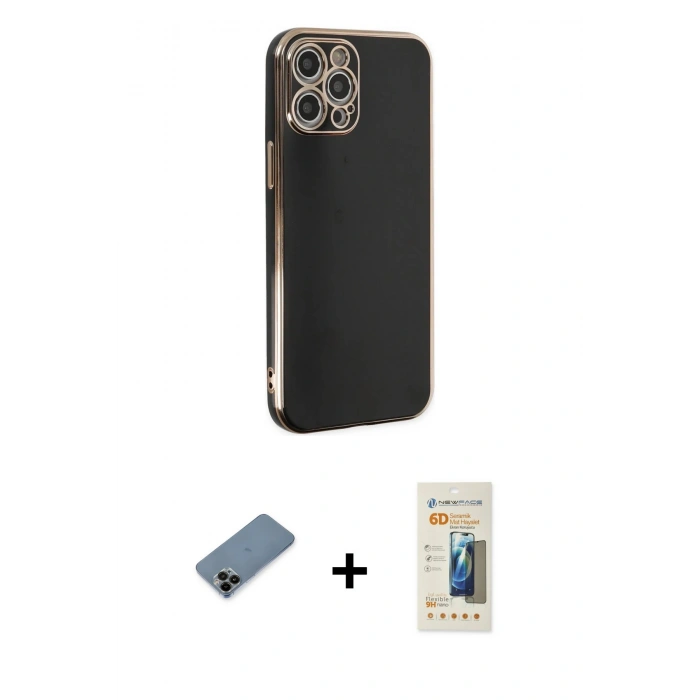 MARSİLYAN™- iPhone 12 Pro Kılıf Yankı Serisi - Siyah 6D Mat Seramik Hayalet Nano Ekran Koruyucu + Shine Kamera Lens Koruma Cam - SH
