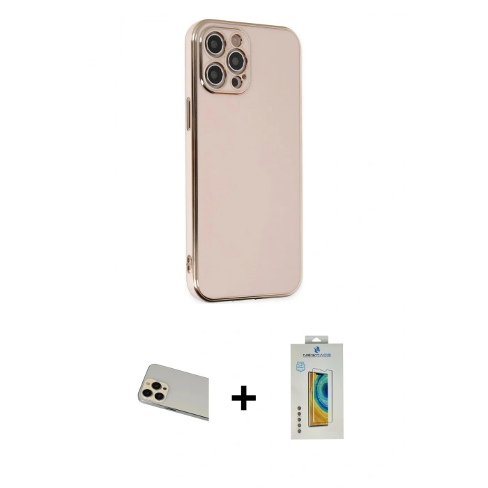 MARSİLYAN™- iPhone 12 Pro Kılıf Yankı Serisi - Siyah Polymer Nano Ekran Koruyucu + Rainbow Kamera Lens Koruma Cam - GD