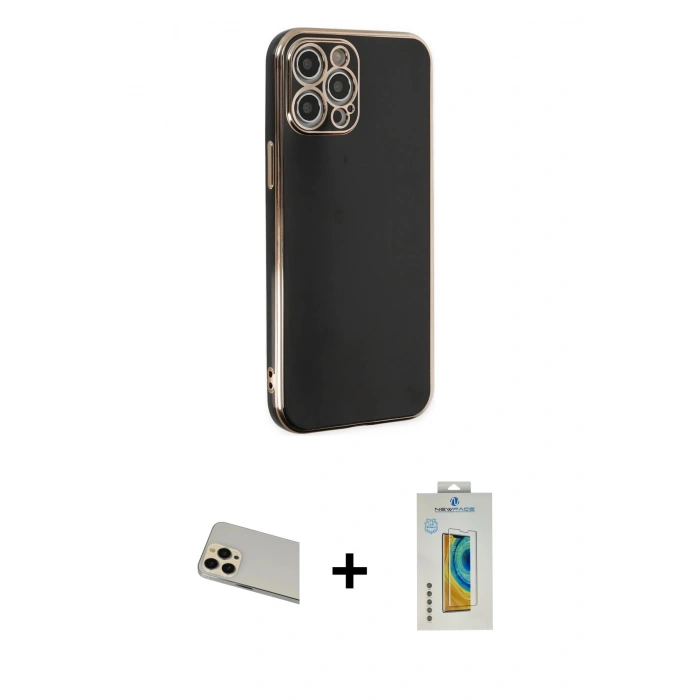 MARSİLYAN™- iPhone 12 Pro Kılıf Yankı Serisi - Siyah Polymer Nano Ekran Koruyucu + Rainbow Kamera Lens Koruma Cam - GD