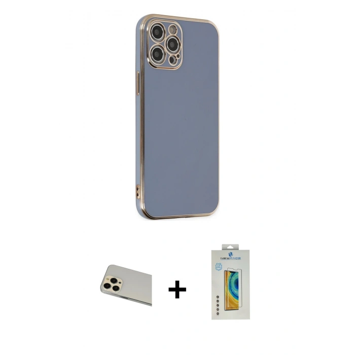 MARSİLYAN™- iPhone 12 Pro Kılıf Yankı Serisi - Siyah Polymer Nano Ekran Koruyucu + Rainbow Kamera Lens Koruma Cam - GD
