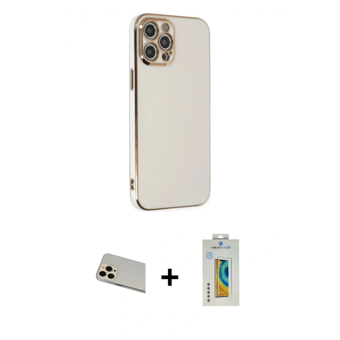 MARSİLYAN™- iPhone 12 Pro Kılıf Yankı Serisi - Siyah Polymer Nano Ekran Koruyucu + Rainbow Kamera Lens Koruma Cam - GD