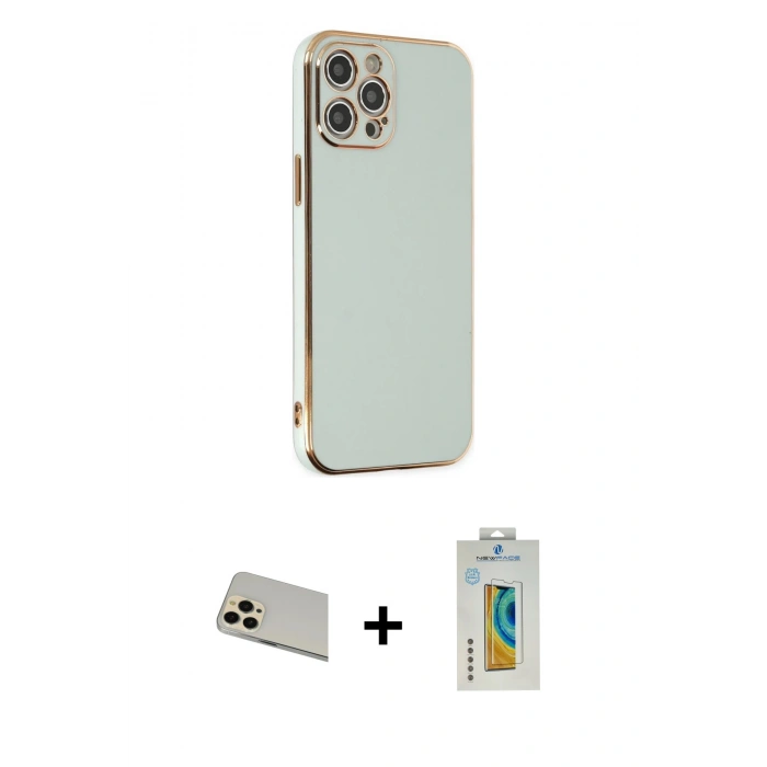 MARSİLYAN™- iPhone 12 Pro Kılıf Yankı Serisi - Siyah Polymer Nano Ekran Koruyucu + Rainbow Kamera Lens Koruma Cam - GD