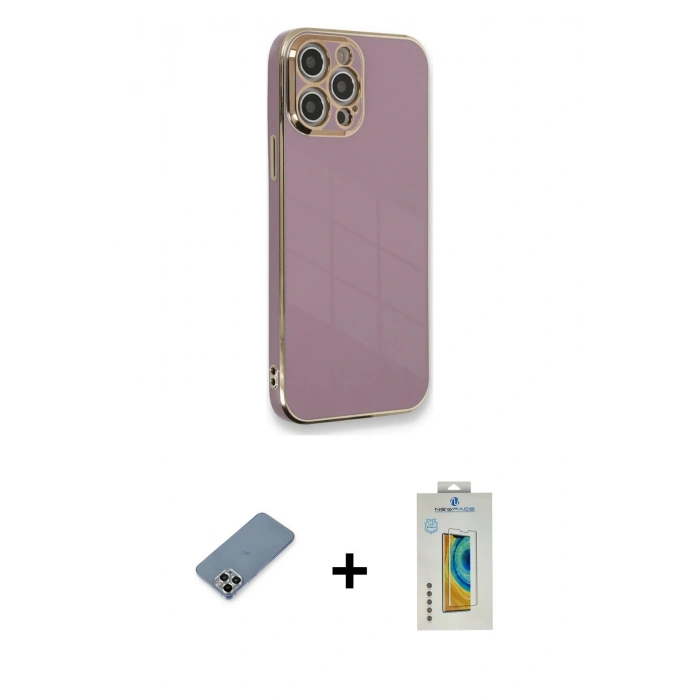 MARSİLYAN™- iPhone 12 Pro Kılıf Yankı Serisi - Siyah Polymer Nano Ekran Koruyucu + Metal Kamera Lens Koruma Cam - GS